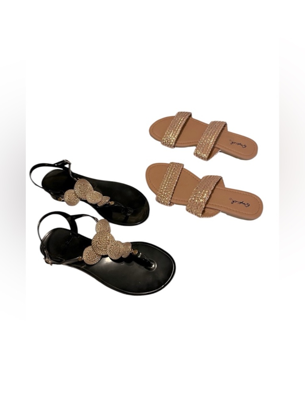 Faux Rose Gold Woven Leather Slide & Black Jelly Thong Buckle Sandals 7 Bundle